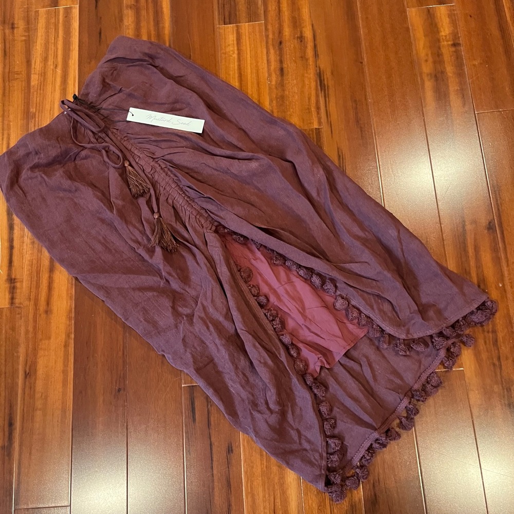 Maroon Boho Fringe Skirt Hi Lo‎ Pom Hem Ramie Cotton Midi Burgundy New Medium